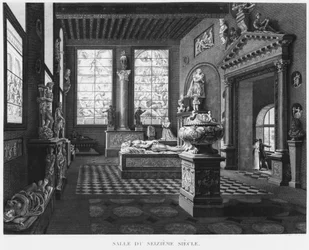 La sala del siglo XVI, Museo de Monumentos Franceses, París, ilustración de 